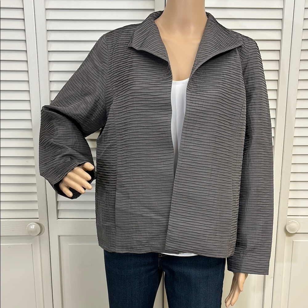 Eileen Fisher Taupe Gray Silk Pleated Open Front Topper Jacket Large Petite